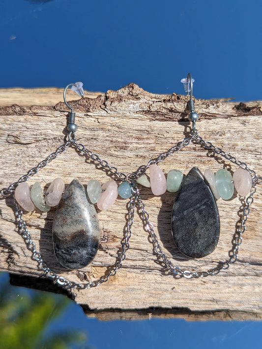 Morganite and Obsidian "Protective Love" Earrings